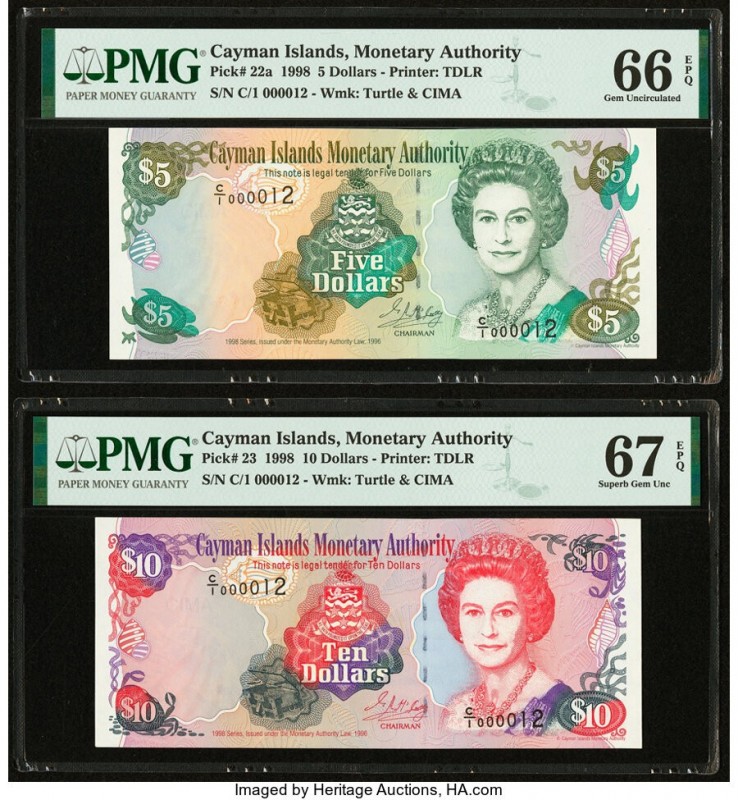 Cayman Islands Monetary Authority 5; 10 Dollars 1998 Pick 22a; 23 Two Matching L...