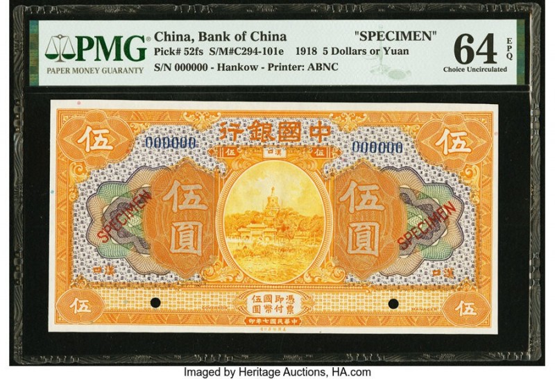 China Bank of China 5 Dollars or Yuan 1918 Pick 52s S/M#C294-101e PMG Choice Unc...