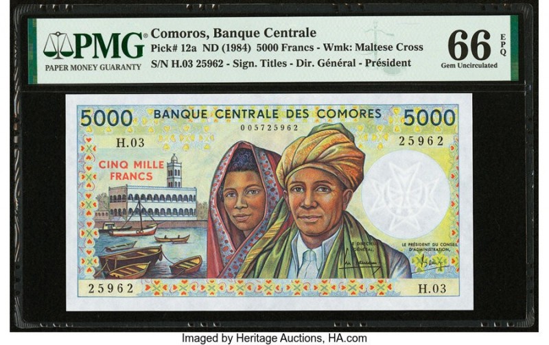 Comoros Banque Centrale Des Comores 5000 Francs ND (1984) Pick 12a PMG Gem Uncir...