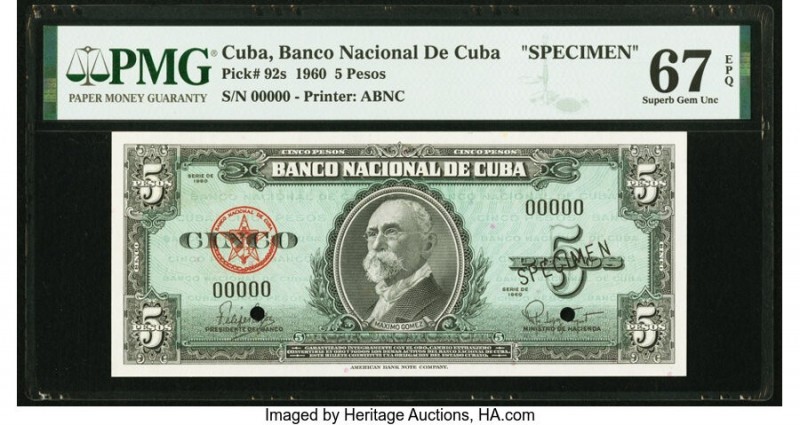 Cuba Banco Nacional de Cuba 5 Pesos 1960 Pick 92s Specimen PMG Superb Gem Unc 67...
