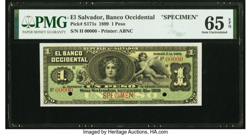 El Salvador Banco Occidental 1 Peso 30.9.1899 Pick S171s Specimen PMG Gem Uncirc...