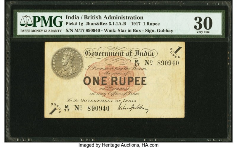 India Government of India 1 Rupee 1917 Pick 1g Jhun3.1.1A-B PMG Very Fine 30. 

...