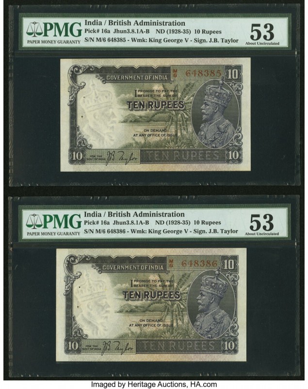 India Government of India 10 Rupees ND (1928-35) Pick 16a Jhun3.8.1A-B Two Conse...