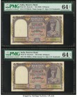 India Reserve Bank of India 10 Rupees ND (1943) Pick 24 Jhunjhunwalla-Razack 4.6.1 Two Consecutive Examples PMG Choice Uncirculated 64 Net (2). Commen...