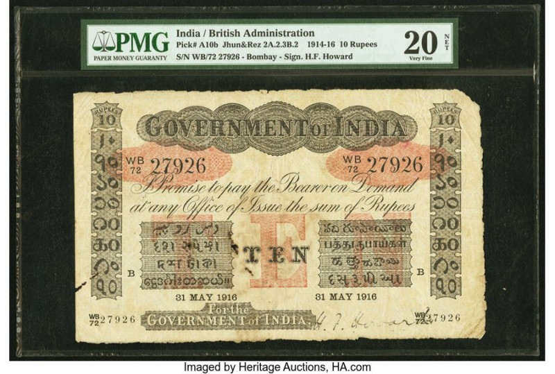 India Government of India 10 Rupees 1914-16 Pick A10b Jhun2A.2.3B.2 PMG Very Fin...