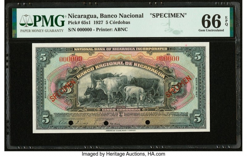 Nicaragua Banco Nacional 5 Cordobas 1927 Pick 65s1 Specimen PMG Gem Uncirculated...