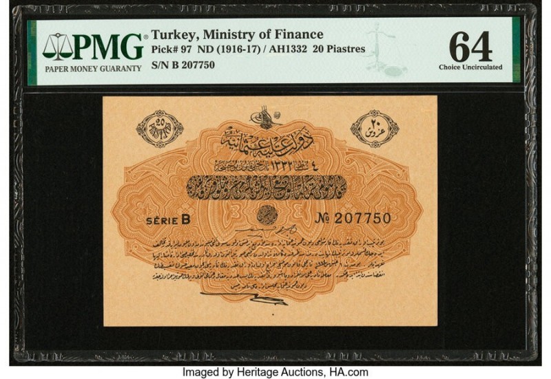 Turkey Ministry of Finance 20 Piastres ND (1916-17) / AH1332 Pick 97 PMG Choice ...