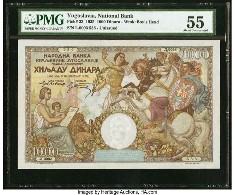 Yugoslavia National Bank 1000 Dinara 6.9.1935 Pick 33 PMG About Uncirculated 55....