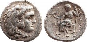 KINGS OF MACEDON. Alexander III 'the Great' (336-323 BC). Tetradrachm. Uncertain.
Obv: Head of Herakles right, wearing lion skin.
Rev: AΛΕΞΑΝΔΡΟΥ.
Zeu...