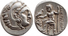 KINGS OF MACEDON. Alexander III 'the Great' (336-323 BC). Drachm. Lampsakos.
Obv: Head of Herakles right, wearing lion skin.
Rev: AΛEΞANΔPOY.
Zeus sea...