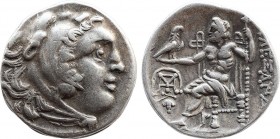 KINGS OF MACEDON. Alexander III 'the Great' (336-323 BC). Drachm. Chios.
Obv: Head of Herakles right, wearing lion skin.
Rev: AΛΕΞΑΝΔΡΟΥ.
Zeus seated ...