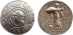 KINGS OF MACEDON. Antigonos II Gonatas. (277/6-239 BC). Tetradrachm. Amphipolis.
Obv: Macedonian shield with head of Pan right on boss.
Rev: ΒΑΣΙΛΕΩ...