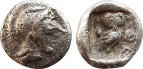 ATTICA. Athens. Obol (Circa 454-404 BC).
Obv: Helmeted head of Athena right.
Rev: AΘE.
Owl standing right, head facing; olive sprig and crescent to le...