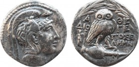 ATTICA, Athens. Circa 165-42 BC. AR Tetradrachm. New Style coinage. Dioge-, Posei-, and Deme-, magistrates. Struck 128/7 BC. Obv: Head of Athena right...