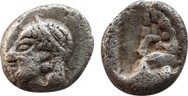 IONIA. Phokaia. Obol (Circa 625/0-522 BC).
Obv: Female head left, wearing helmet or sakkos.
Rev: Quadripartite incuse square.
SNG Kayhan -; Klein -; S...