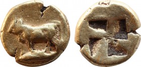 MYSIA. Kyzikos. (Circa 500-450 BC). Hekte. Obv: Bull kneeling to left on tunny. Rev: Quadripartite inuse square. SNG Paris -. Von Fritze I, 88. Rare. ...