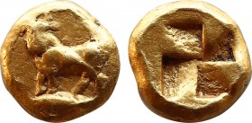 MYSIA. Kyzikos. EL 1/24 Stater (Circa 500-450 BC). Obv: Bull kneeling left on tunny left. Rev: Quadripartite incuse square. Cf. Nomisma VII 89 (stater...