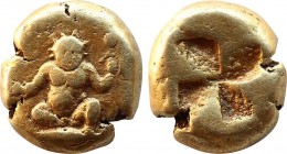 Mysia, Kyzikos EL Hekte. Circa 400-330 BC. Squat figure of Silenos seated facing, head wreathed, right leg crossed, left leg upright, holding thyrsos ...