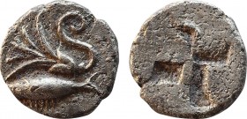 MYSIA. Kyzikos. Hemiobol (Circa 500 BC).
Obv: Tunny left; below, lotus right.
Rev: Incuse punch.
Rosen 520; cf. Klein 261 (Obol).
Condition: Very fine...