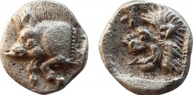 MYSIA. Kyzikos. Obol (Circa 450-400 BC).
Obv: Forepart of boar left; tunny to right.
Rev: Head of roaring lion left; retrograde K in upper left field....