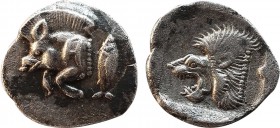 MYSIA. Kyzikos. Obol (Circa 450-400 BC).
Obv: Forepart of boar left; H on shoulder; to right, tunny upward.
Rev: Head of lion left within incuse squar...