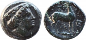 TROAS. Zeleia. Ae (4th century BC).
Obv: Head of Artemis right, wearing stephane.
Rev: Z - E / Λ - E.
Stag standing right; below, grain ear right.
SNG...