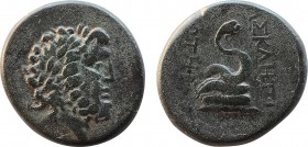 MYSIA. Pergamon. Ae (Mid-late 2nd century BC).
Obv: Laureate head of Asklepios right.
Rev: AΣKΛHΠIOY / ΣΩTHPOΣ.
Serpent-entwined staff.
SNG von Aulock...
