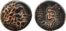 MYSIA. Pergamon. Ae (Mid-late 2nd century BC).
Obv: Laureate head of Asklepios right.
Rev: AΣKΛHΠIOY / ΣΩTHPOΣ.
Serpent-entwined staff.
SNG von Aulock...