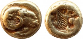 LESBOS. Mytilene. EL Hekte (Circa 521-478 BC).
Obv: Head of ram right; below, cock standing left, with head lowered.
Rev: Incuse head of roaring lion ...