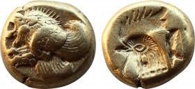 LESBOS. Mytilene. EL Hekte (Circa 521-478 BC). Obv: Forepart of winged lion left. Rev: Incuse head of cock left; rectangular punch to right. Bodensted...