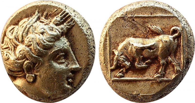 LESBOS. Mytilene. EL Hekte (Circa 377-326 BC).
Obv: Head of Persephone right, w...