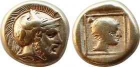 LESBOS. Mytilene. EL Hekte (Circa 412-378 BC).
Obv: Helmeted head of Ares right.
Rev: Head of Amazon right, wearing ornate "helmet"; all within line...