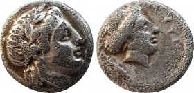 LESBOS. Mytilene. Diobol (Circa 400-350 BC).
Obv: Laureate head of Apollo right.
Rev: MYTI.
Female head (Aphrodite?) right; uncertain symbol to left; ...