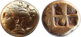 IONIA. Phokaia. EL Hekte (Circa 387-326 BC).
Obv: Head of Artemis left, with quiver to right; below, small seal left.
Rev: Quadripartite incuse square...