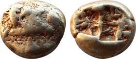 IONIA, Uncertain. Circa 650-600 BC. EL Hekte – Sixth Stater. Lydo-Milesian standard. Obv: Crude chimaira(?) right on striated background. Rev: Two inc...