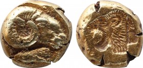 LESBOS. Mytilene. EL Hekte (Circa 521-478 BC). Obv: Head of ram right; below, cock standing left, with head lowered. Rev: Incuse head of roaring lion ...