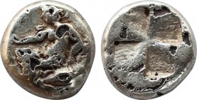 MYSIA. Kyzikos. Fourree EL Hemihekte (Circa 5th-4th centuries BC).
Obv: Dionysos reclining left on panther skin, holding kantharos; shell to outer le...