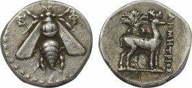 IONIA. Ephesos. Drachm (Circa 202-150 BC). Demetrios, magistrate.
Obv: Ε - Φ.
Bee.
Rev: ΔΗΜΗΤΡΙΟΣ.
Stag standing right; palm tree behind.
SNG von Aulo...