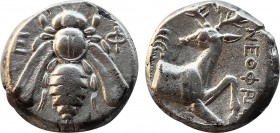IONIA. Ephesos. Tetradrachm (Circa 394-295 BC). Neophron. magistrate.
Obv: Ε - Φ.
Bee.
Rev: NEOΦPΩΣ.
Forepart of stag right, head left; palm tree ...