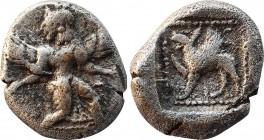 CARIA. Kaunos. Trihemiobol (Circa 490-470 BC).
Obv: Iris standing right, head left.
Rev: Griffin standing left; Carian letter above.
Konuk, Kaunos 47 ...