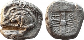 CARIA. Uncertain mint. AR Stater. (Circa 500 BC). Obv: Forepart of lion with open jaws standing left before sunburst; in front, forepart of boar with ...