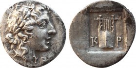 LYCIAN LEAGUE. Cragus (Circa 48-42 BC). Hemidrachm. Obv: Λ - Y. Laureate head of Apollo right. Rev: K - P. Lyre within incuse square. RPC I 3301; Trox...