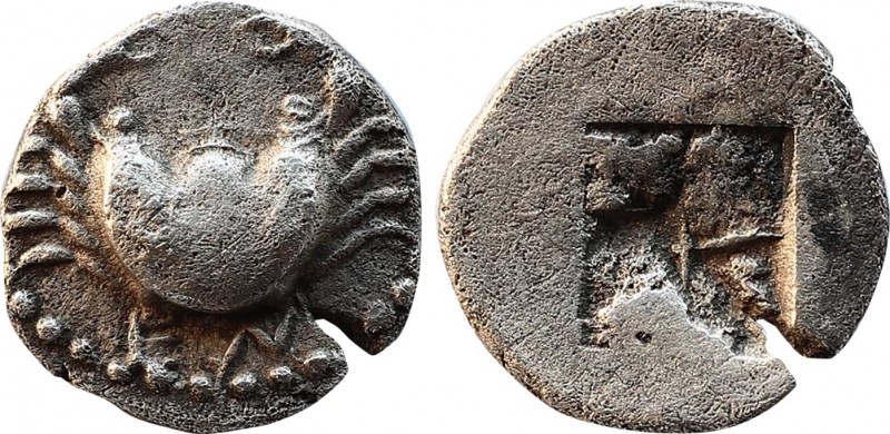 CARIA. Kos. Obol (Circa 500-480 BC).
Obv: Crab with eight legs.
Rev: Quadripar...