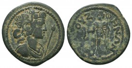 PHRYGIA. Bruzus. Pseudo-autonomous. Time of Septimius Severus (193-211).
Obv:Head of artemis right.
Rev: BPOVZHNΩN.
Hermes standing left, holding p...