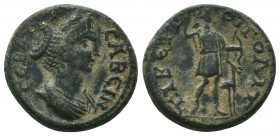 PHRYGIA. Tiberiopolis. Sabina (128-137). Ae.
Obv: CABEINA CEBAC.
Draped bust right.
Rev: TIBEPIOΠOΛITΩN.
Artemis advancing right, holding bow and draw...