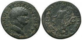 Vespasian ( 69-79 AD). Dupondius. Ae.
Obv: IMP CAESAR VESPASIAN AVGVSTVS.
Laureate head right.
Rev: PONT MAX TR POT …
Serapis standing facing, hea...