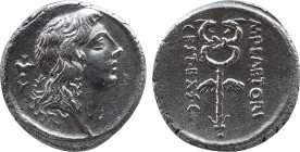 M. PLAETORIUS M.F. CESTIANUS. Denarius (57 BC). Rome. Obv: Male head (Bonus Eventus) right; uncertain symbol (torch?) to left. Rev: M PLAETORI / CEST ...