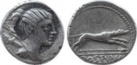 C. POSTUMIUS. Denarius (73 BC). Rome.
Obv: Draped bust of Diana right, with bow and quiver over shoulder.
Rev: C POSTVMI.
Hound springing right; below...