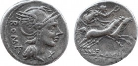 L. Flaminius Chilo 109-108 BC. Rome
Denarius.
Obv: Helmeted head of Roma right, behind, ROMA and below chin, X .
 Rev: Victory in biga right, below ho...