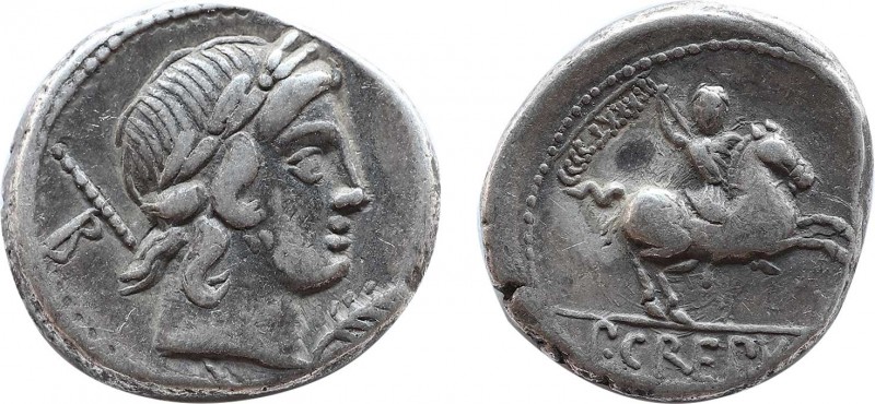 P. CREPUSIUS. Denarius (82 BC). Rome.
Obv: Laureate head of Apollo right; sceptr...